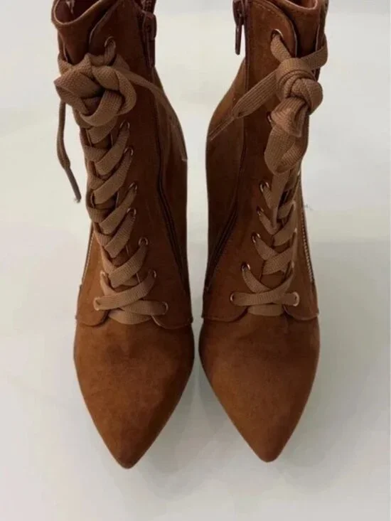 Stunning Faux Suede Lace-Up Ankle Boots - Cognac/Brown - Picture 3 of 3